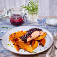 Salmon Filet with Wild Blueberry BBQ Sauce and Sweet Potatoes Picture