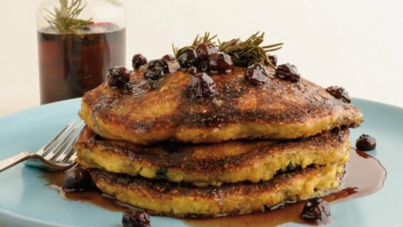 Canadian wild blueberry cornmeal pancakes with rosemary balsamic maple syrup Picture