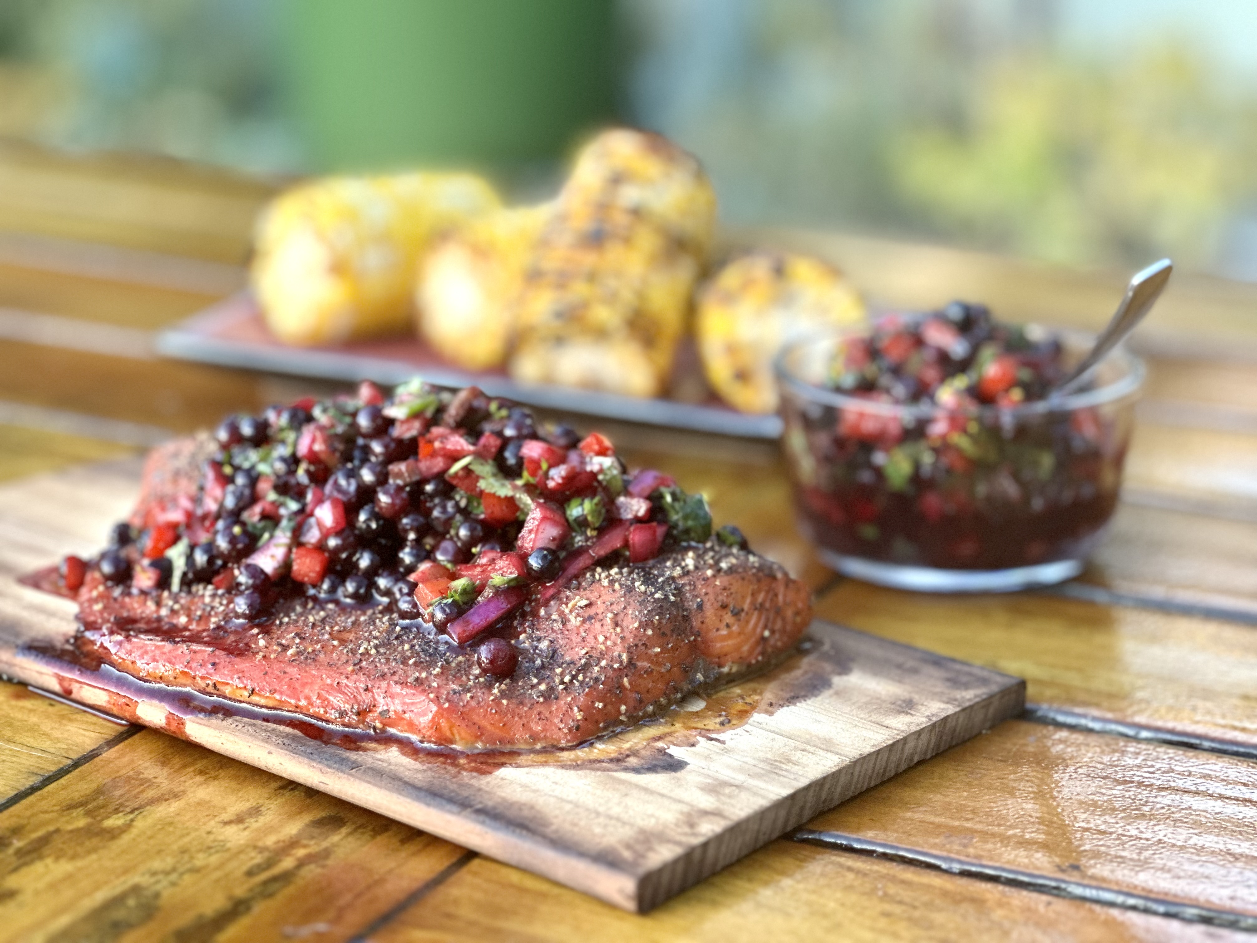 Maple-glazed cedar-plank salmon with wild Canadian blueberry salsa Picture